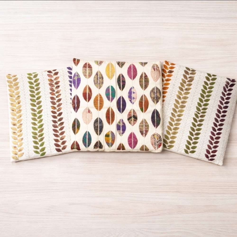 Handprint Pondicherri Kantha Leaf Pillow Covers – Set of 3 – Artisan Made India